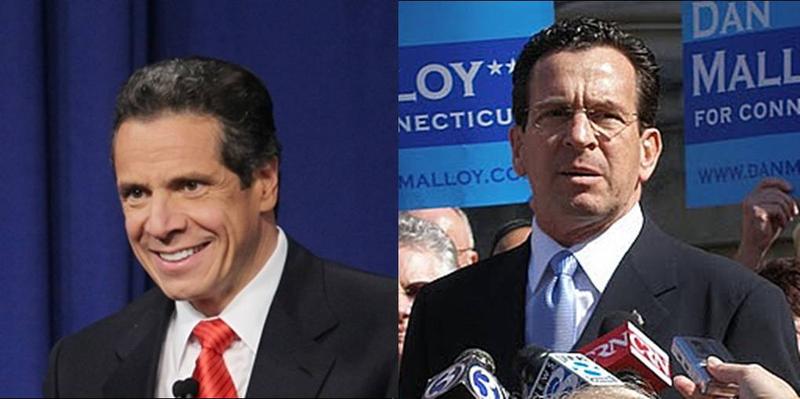 New York Governor Andrew Cuomo, left, and Connecticut Governor-elect Dan Malloy, right, will face huge shortfalls in their state budgets over the coming years.